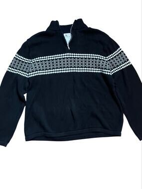 Madison & Max Petite M Fair Isle Quarter Zip Cotton Sweater Black White Ski